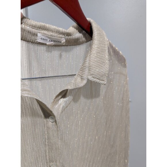 Good American Women Gold Metallic Long-Sleeved Sheer Button Up Tunic Blouse Sz 4 - Picture 10 of 16